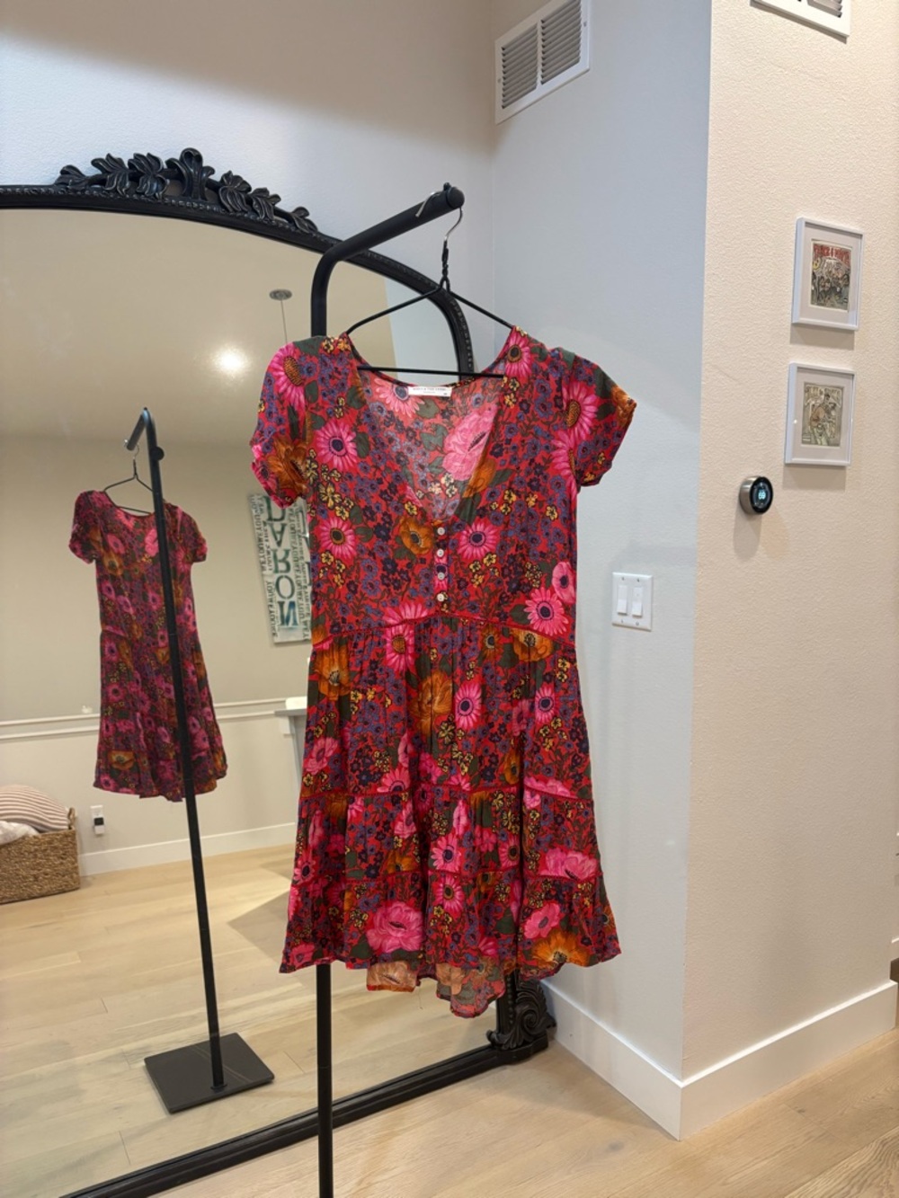 Spell & the Gypsy Floral Tiered Short-Sleeve Dress in Pink and Orange
